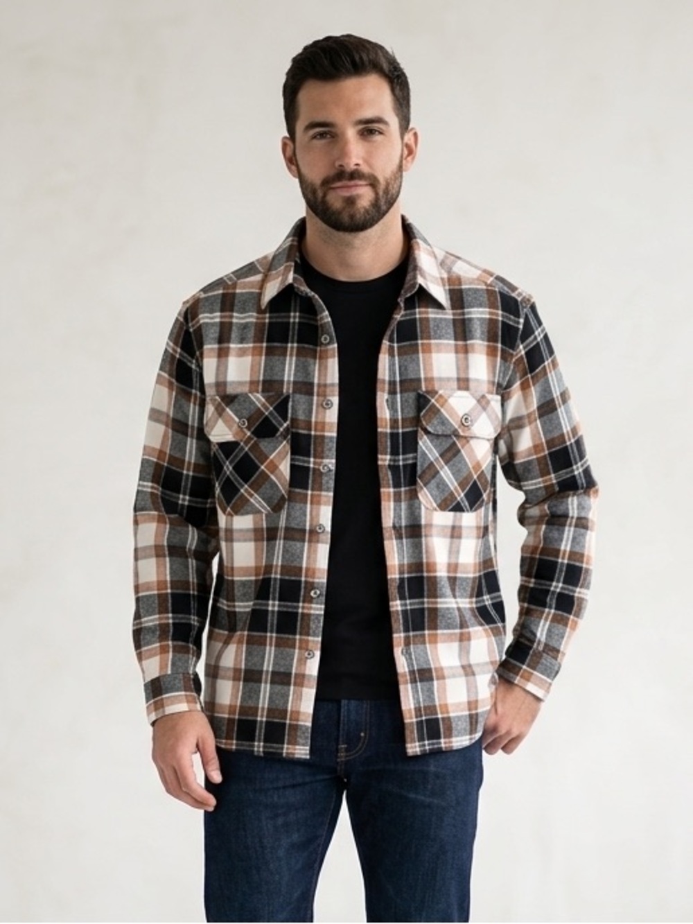 Stillwater Supply Co Men’s Plaid Shirt, Brown Black Cream, Size Medium Flannel